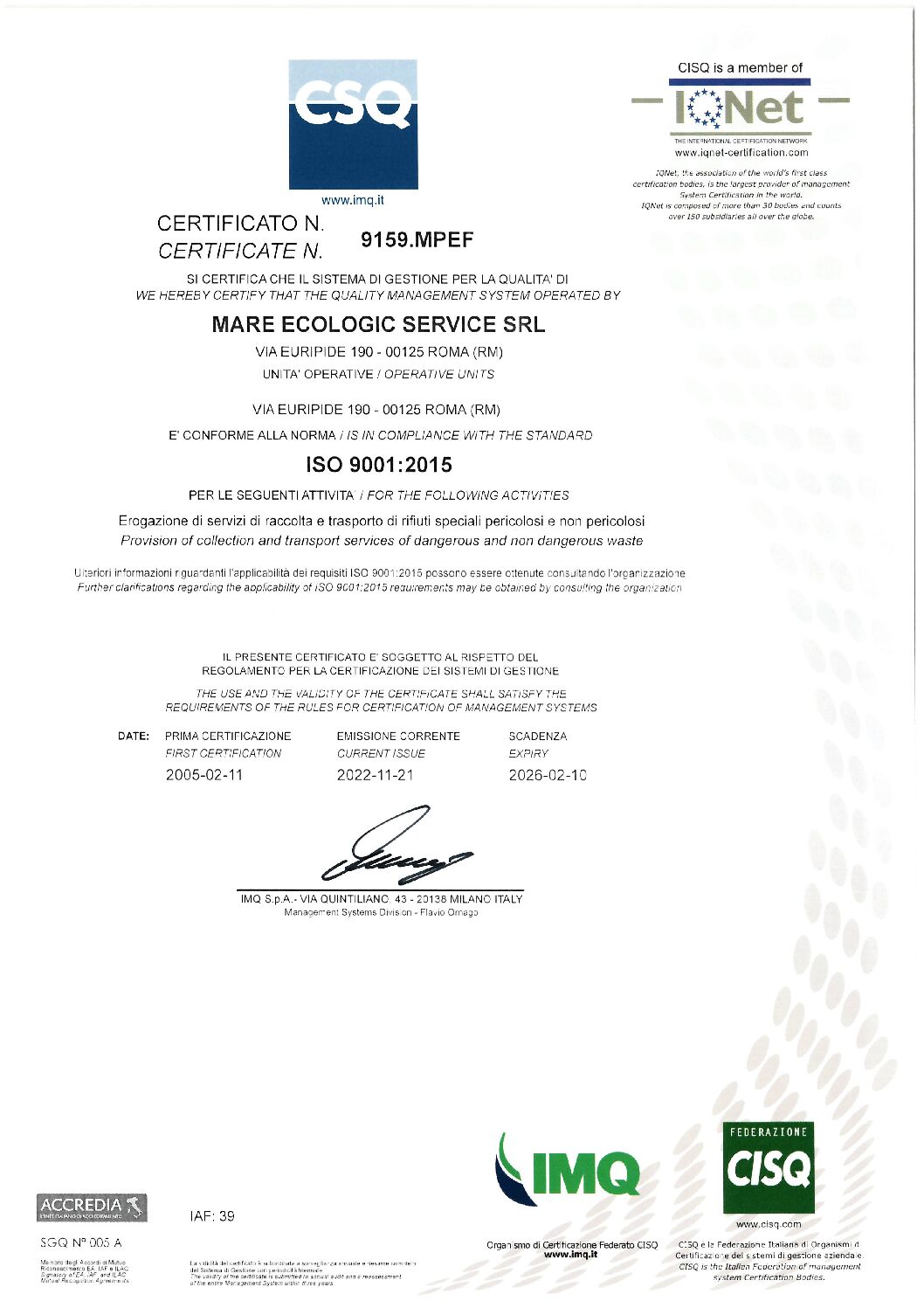 ISO – 9001:2015 MARE ECOLOGIC SERVICE